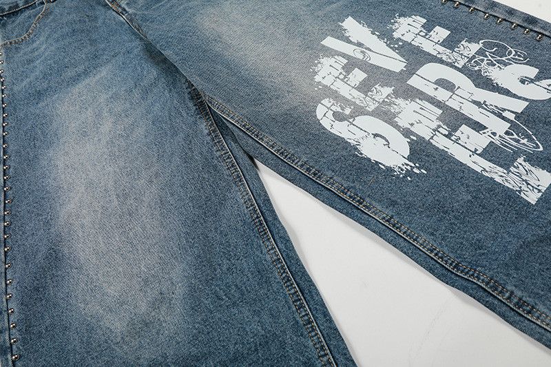Jean Men's Retro Letter Print High-Waisted Curved Jeans Size US 32 / EU 48 - 4 Thumbnail