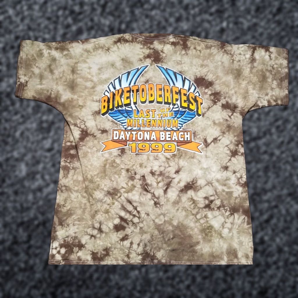 VINTAGE Daytona Bike Week T-Shirt Mens XL 1999 Brown Tie Dye Double-Sided Logo 90s Rattle Snake Eagle Skull Harley Florida Biker Cover Photo Ready