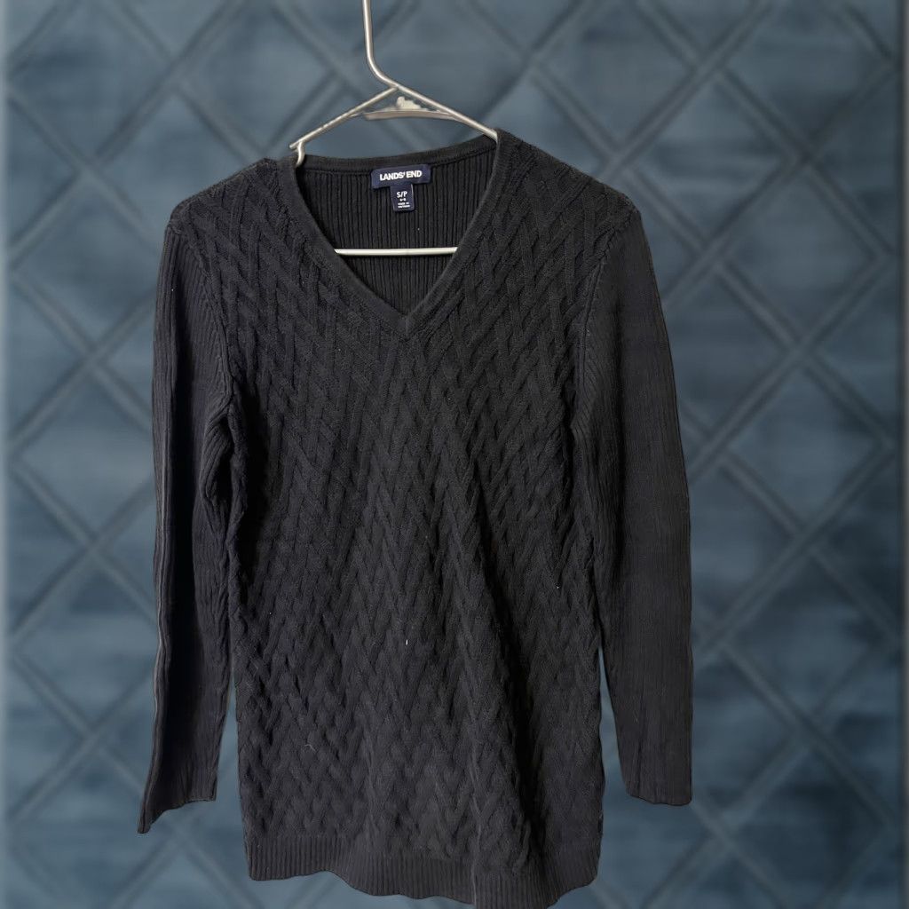 Lands' End Lands' End Black 100% Cotton V Neck Cable Knit Sweater Size S Women's Regular Long Sleeve Pullover Knit Basic Fall Winter 6-8 Size S / US 4 / IT 40 - 1 Thumbnail