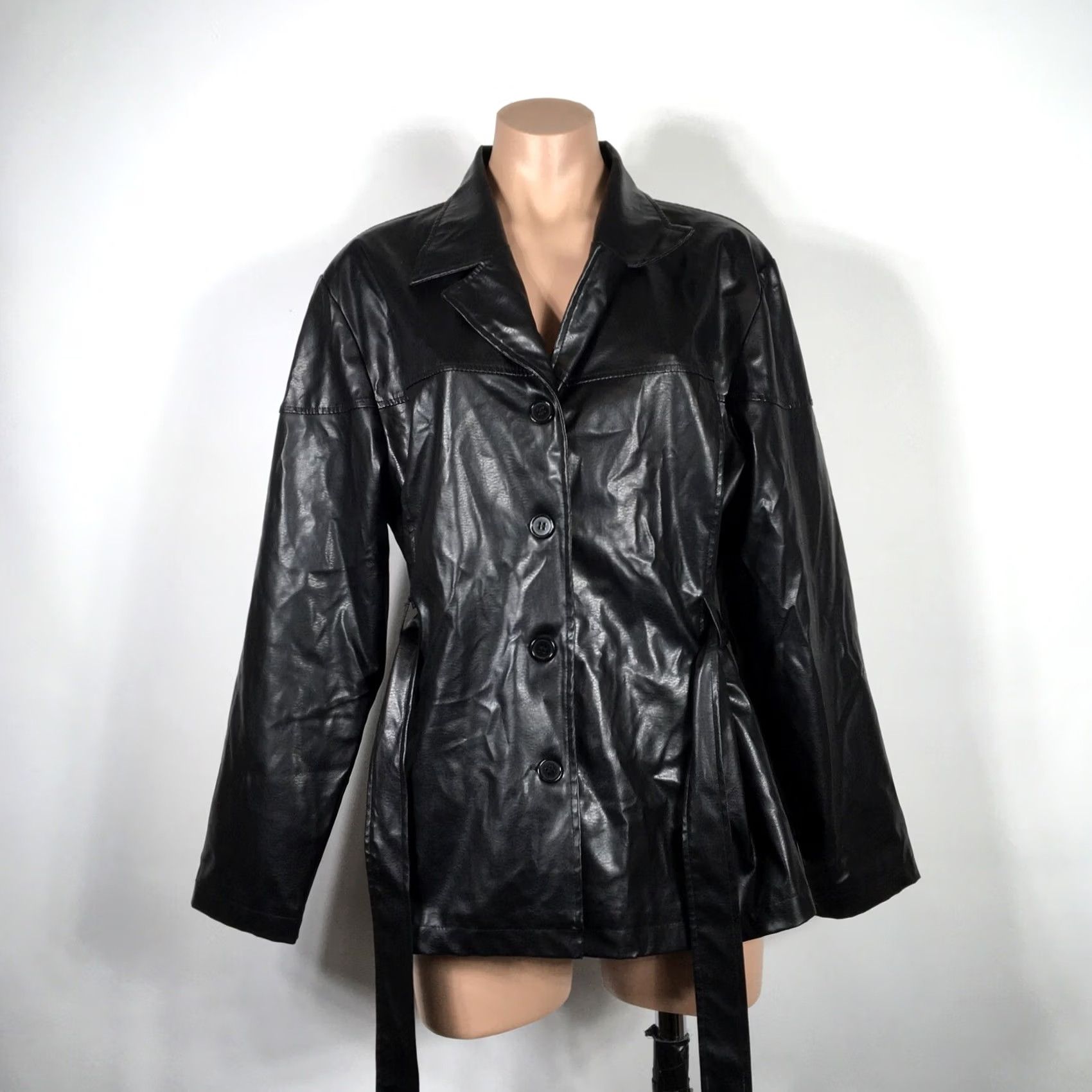 Vintage VINTAGE Y2K RAVE Belted Faux Leather Jacket Long Club Black Womens XL Size XL / US 12-14 / IT 48-50 - 6 Thumbnail