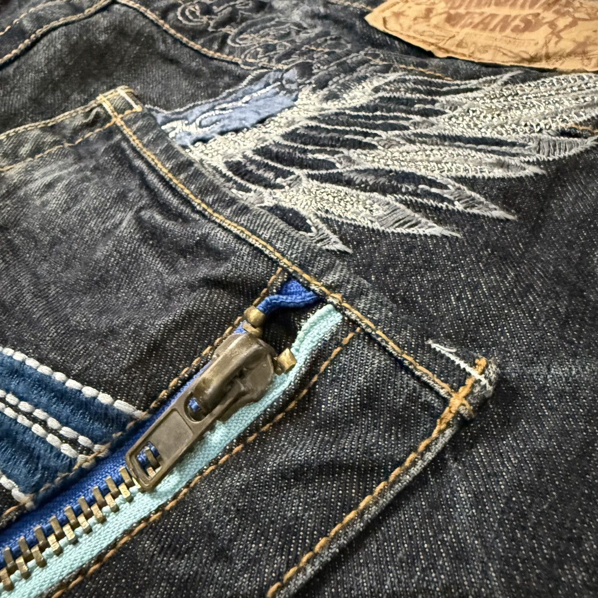 Le Grande Bleu (L.G.B.) 🇯🇵 Flared Affliction Distressed Whisker Embroidered Wings Size US 32 / EU 48 - 13 Thumbnail
