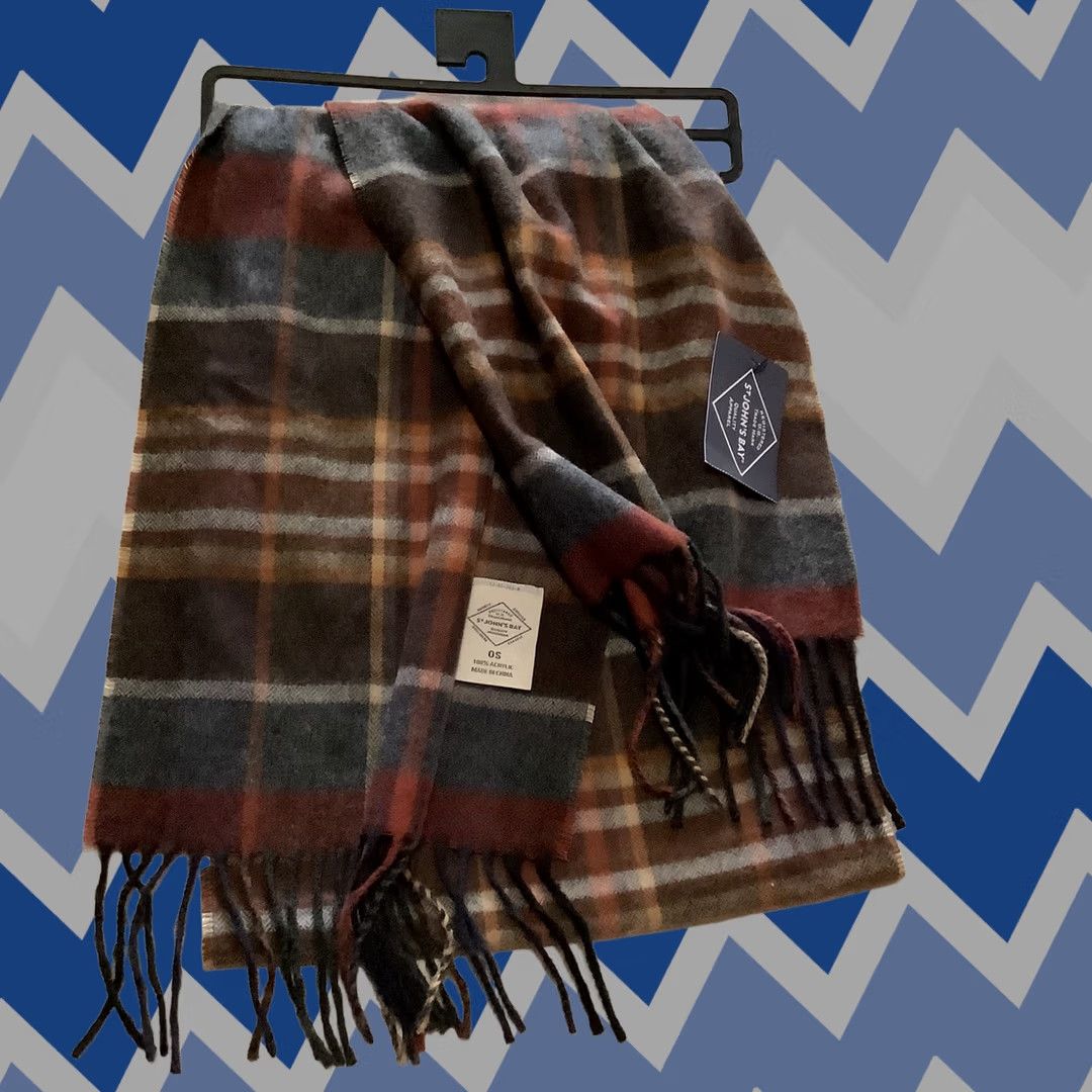 Vintage St. John's Bay Scarf Brown Red Blue Plaid Striped Fringed Acrylic One Size Size ONE SIZE - 1 Thumbnail