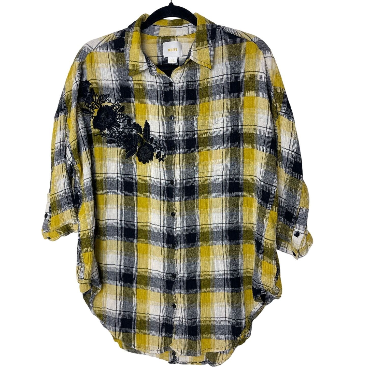 Anthropologie Anthropologie Maeve Embroidered Plaid Oversized Shirt XS/S Size XS / US 0-2 / IT 36-38 - 2 Thumbnail