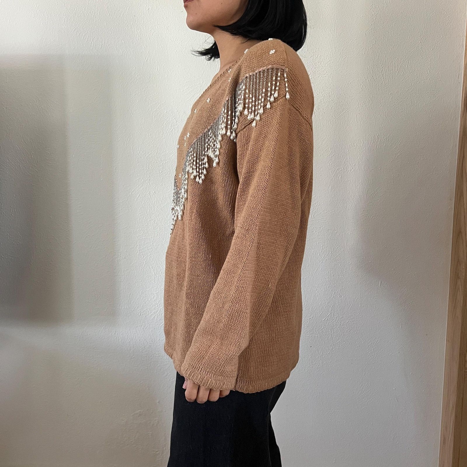 Vintage Vtg 80s beaded caramel knit pullover sweater cotton Medium Size M / US 6-8 / IT 42-44 - 6 Thumbnail