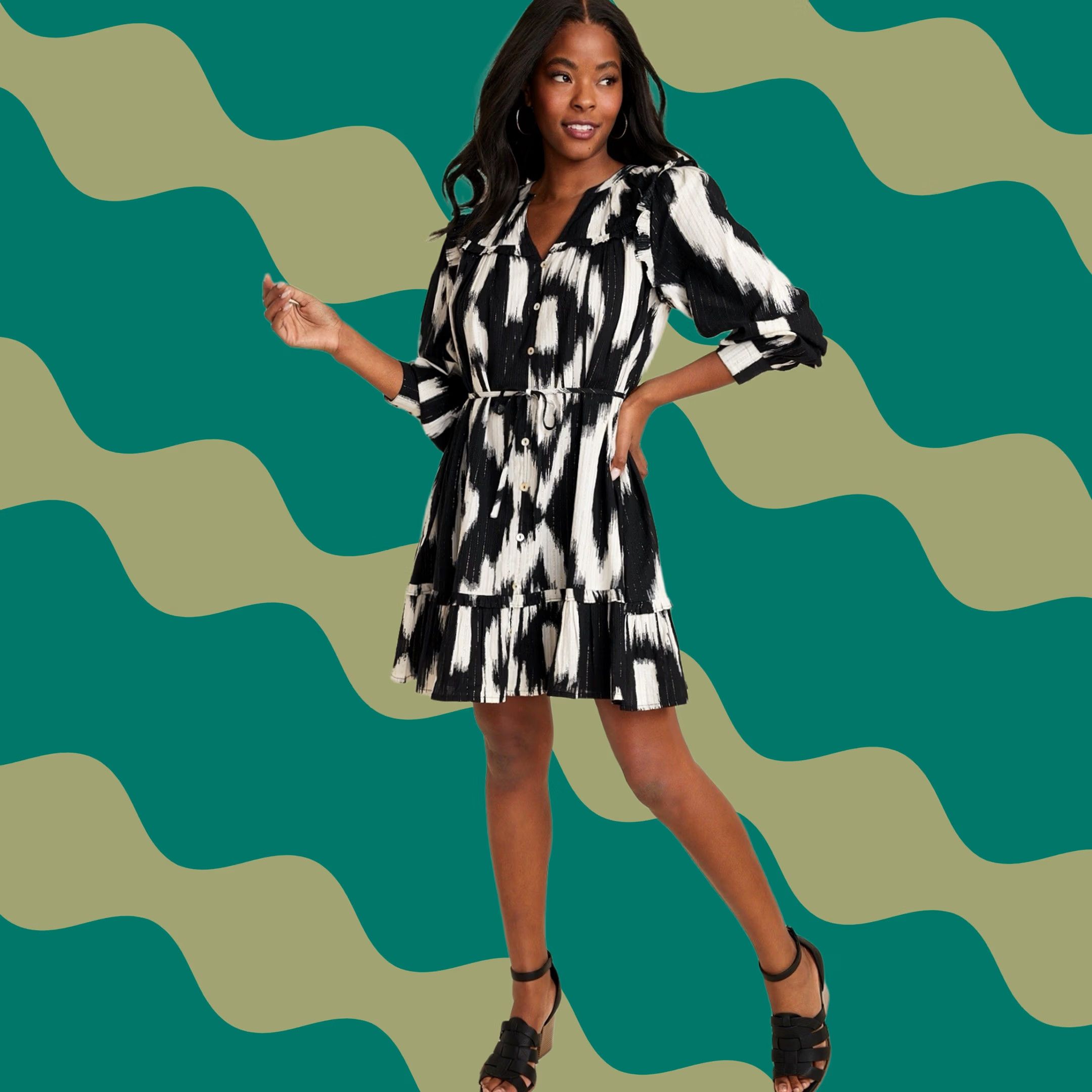 Vintage Maurices Women Skater Dress XL Black/White Abstract Print Ruffle Trim Tie-Waist Mini Dress Size XL / US 12-14 / IT 48-50 - 1 Thumbnail