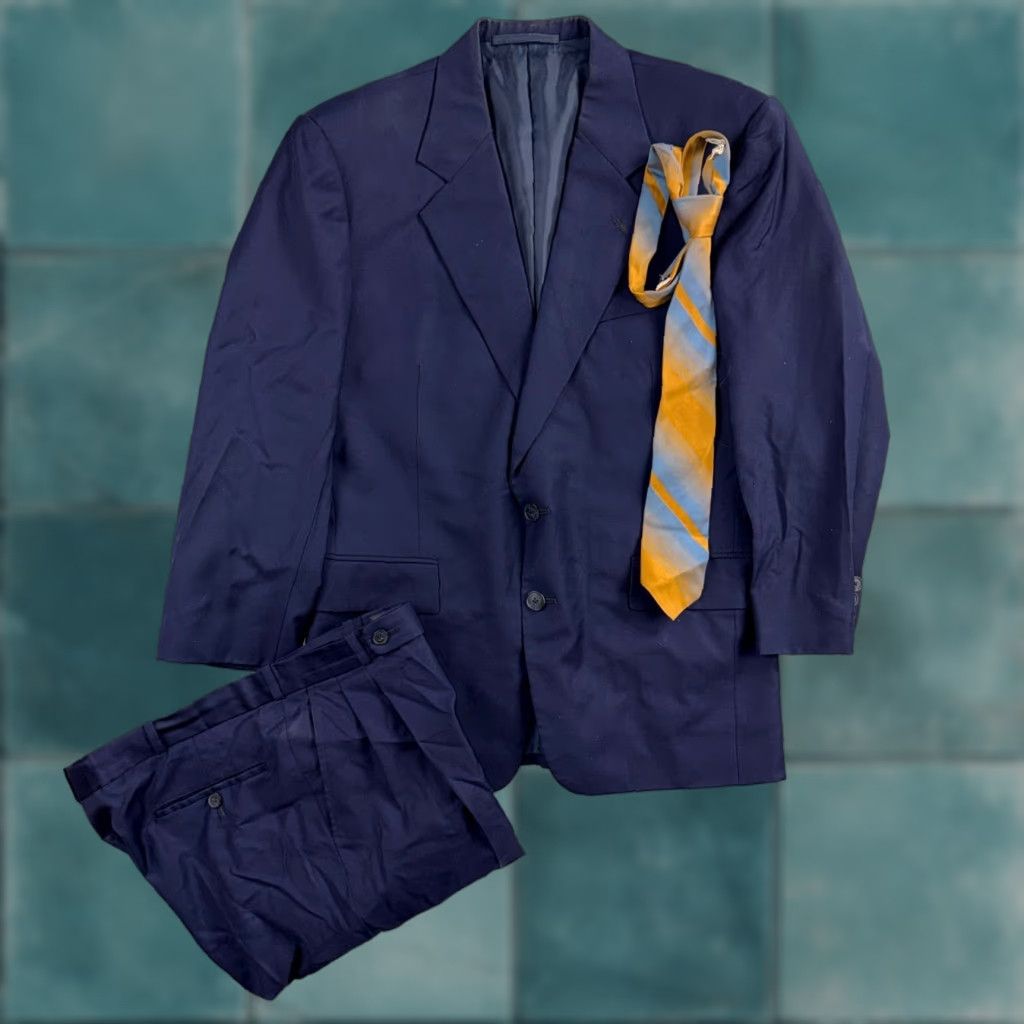 Vintage 1990s VTG Custom Mens 2 PC Suit Jacket Coat Pants Navy Blue Wool Rockabilly 40 Chest 40 Waist 40 Size Regular Size 40R - 1 Thumbnail