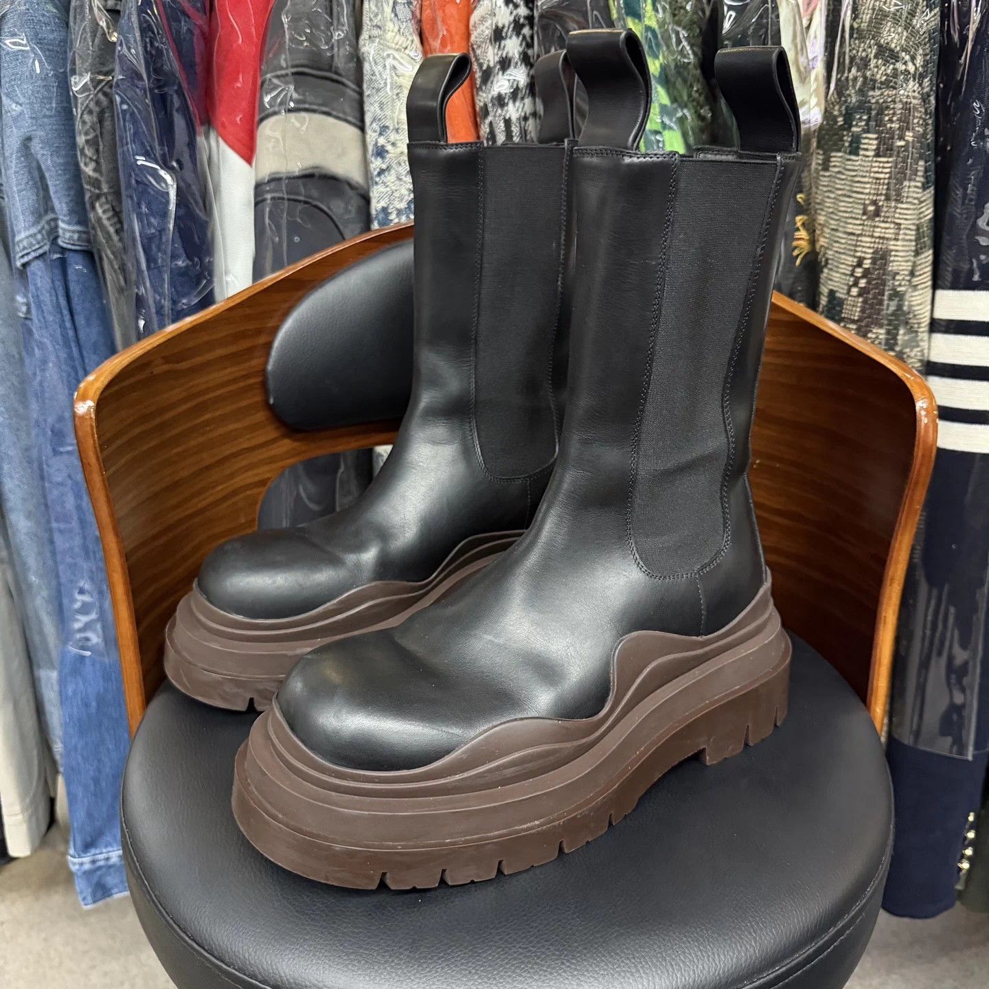 Bottega Veneta Tire Platform Chelsea Boots Black Brown