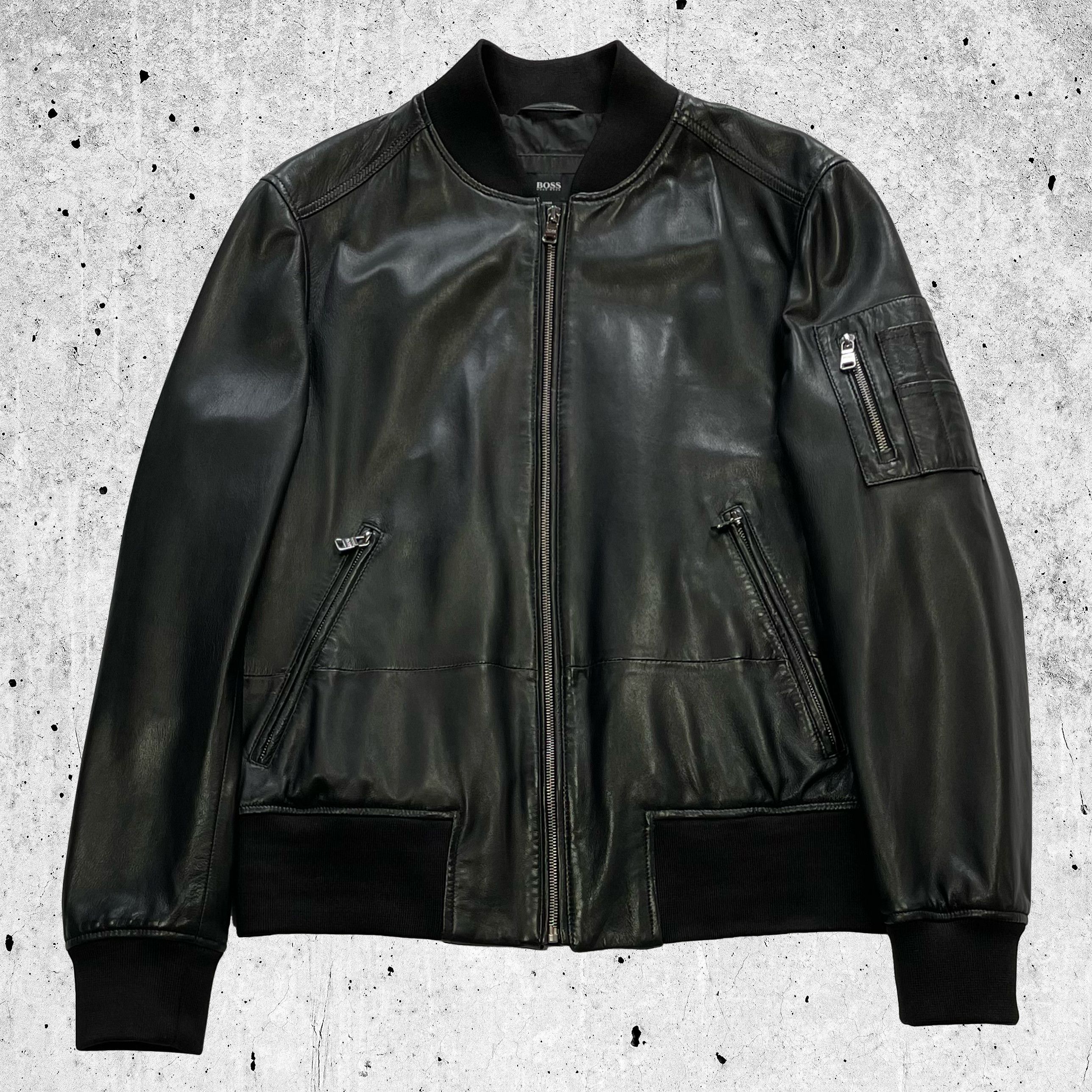 image of Hugo x Hugo Boss Mirek Black Lamb Nappa Leather Bomber Jacket, Men's (Size Medium)