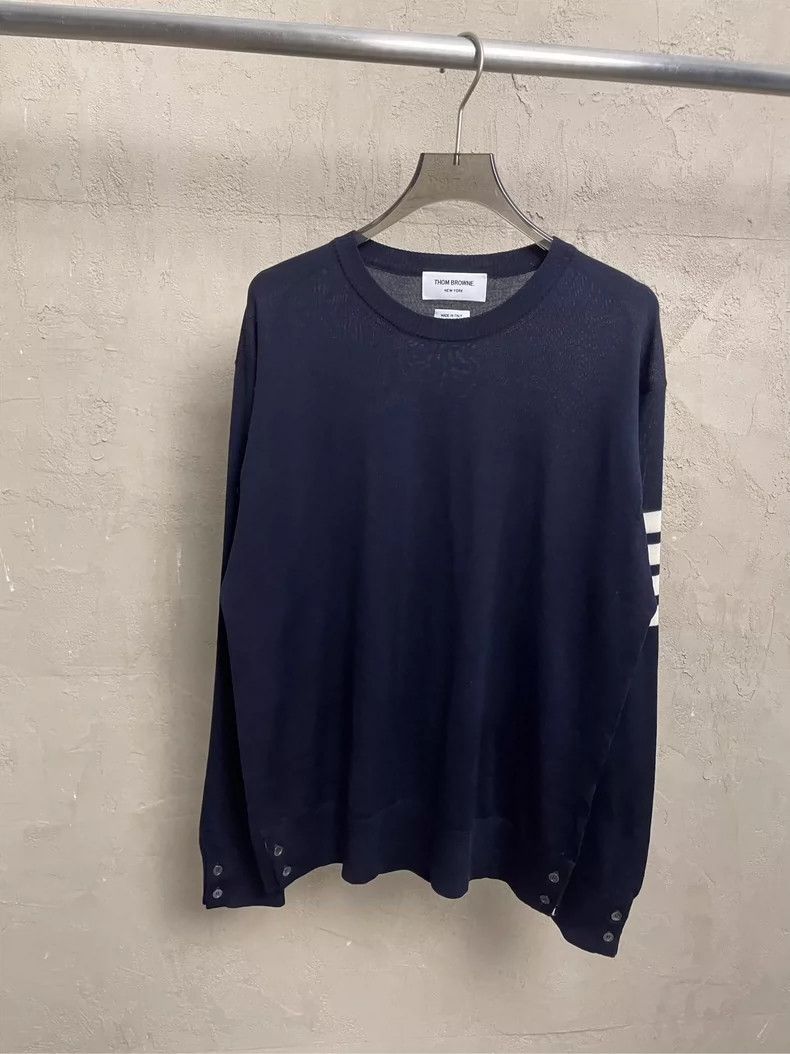 Thom Browne Thom browne Dark blue four-striped wool round-neck sweater Size US XL / EU 56 / 4 - 1 Thumbnail