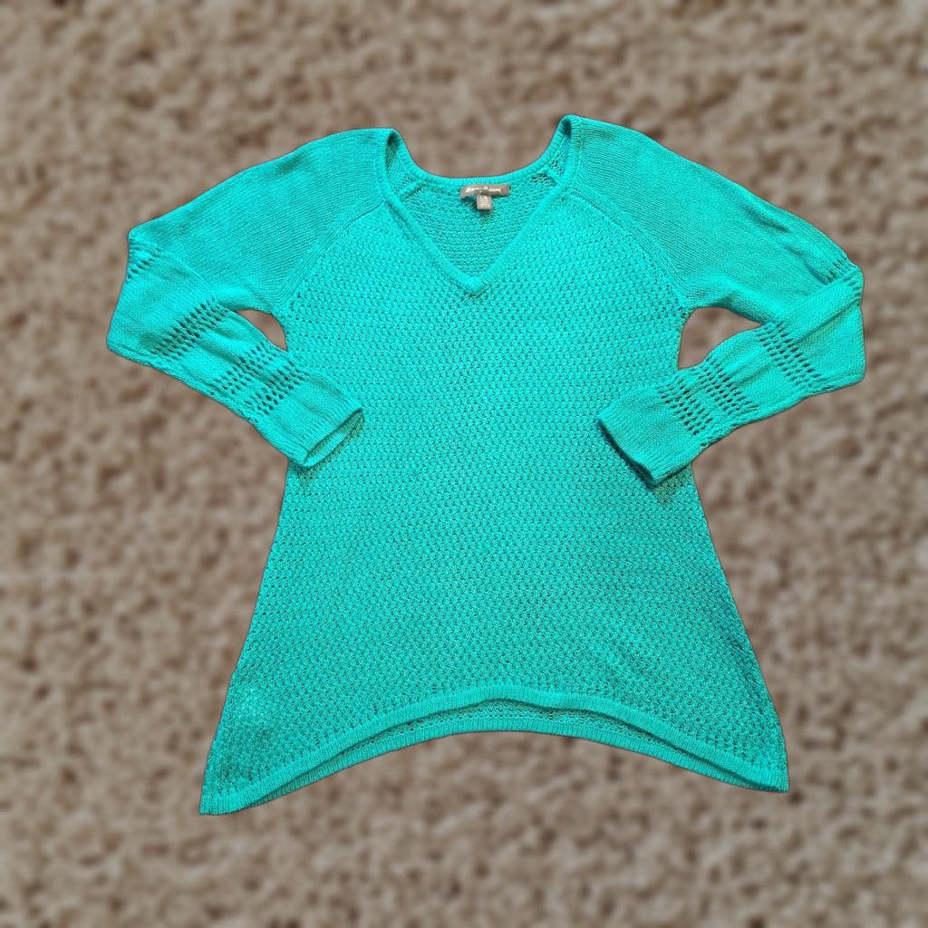 Tommy Bahama Tommy Bahama Sweater Tunic Womens Large Green Open Knit Crochet Casual Pullover Long Sleeve V-Neck Knit Cotton Viscose Regular Modern Casual Shirt Size L / US 10 / IT 46 - 1 Thumbnail