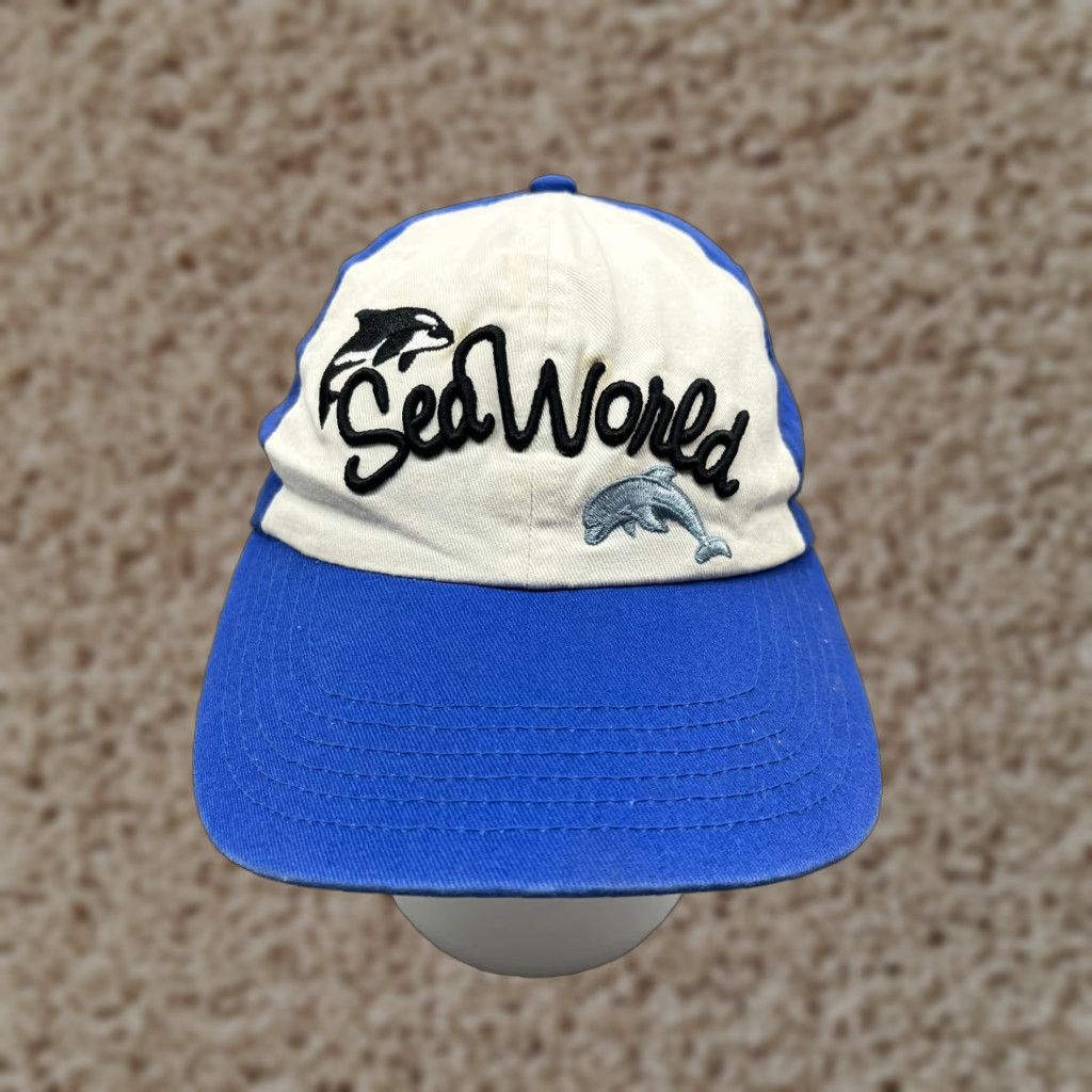 Vintage VINTAGE Seaworld Hat Cap Strap Back Women One Size Blue Cotton Low Profile Dolphin Whale Size ONE SIZE - 1 Thumbnail