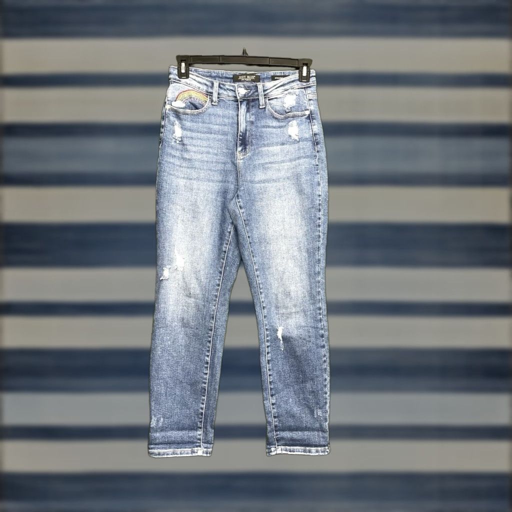 Vintage Judy Blue Jeans Womens 27 High Rise Rainbow Embroidered Denim Distressed Stretch Jeans Size 27" / US 4 / IT 40 - 1 Thumbnail