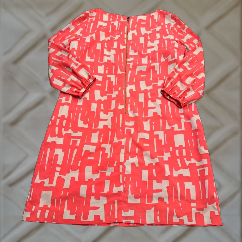 Vintage Tahari Geometric Midi Shift Dress Womens 10 Coral Pink Keyhole Zip Size L / US 10 / IT 46 - 1 Thumbnail