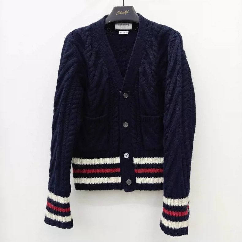 Thom Browne Thom Browne Navy blue striped wool twisted knitted cardigan Size US M / EU 48-50 / 2 - 1 Thumbnail
