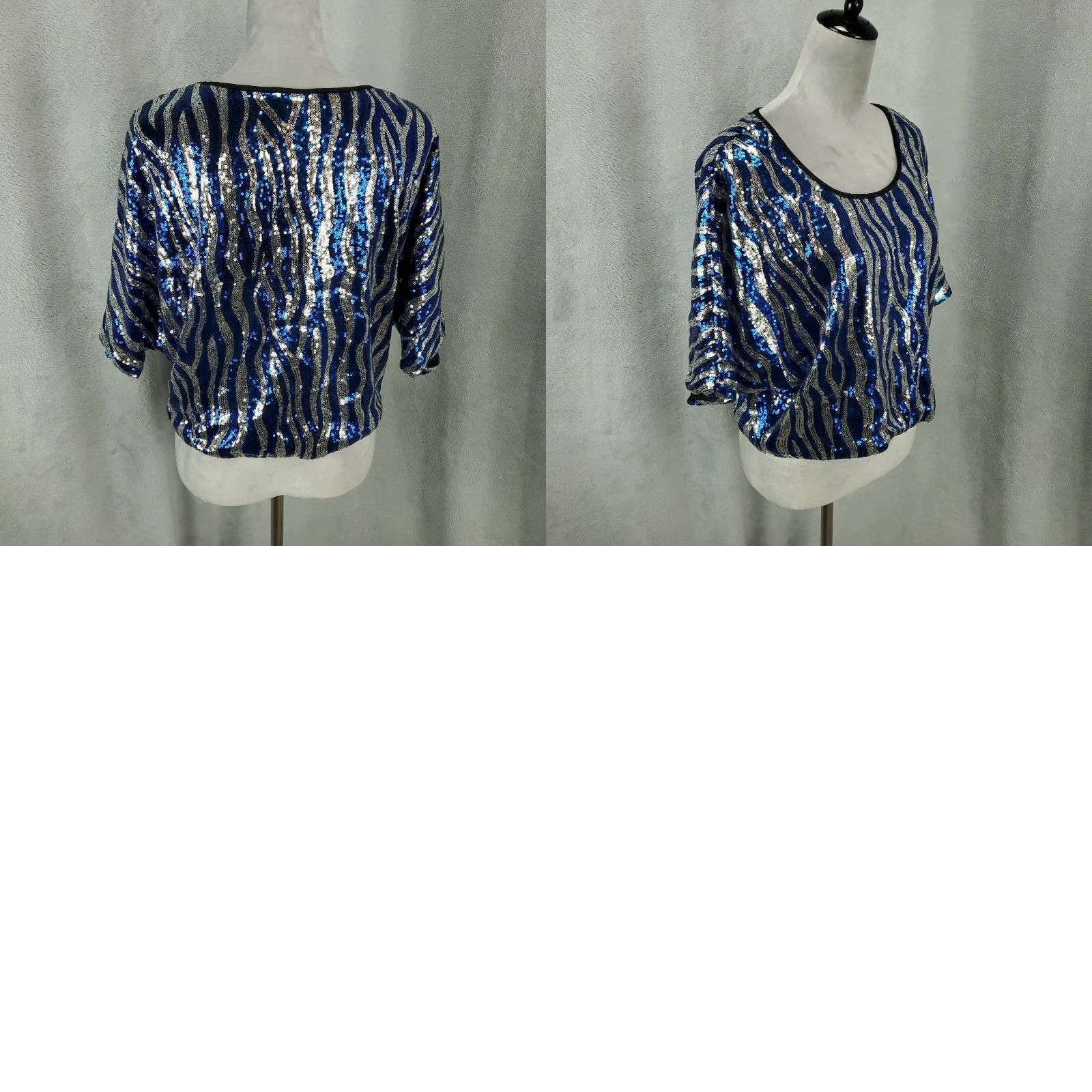 Vintage Sequin Top Womens Medium Blue Black Zebra Print Club Shirt Clubwear Going Out Shirt Womens M Zebra Print Sequin Batwing Sleeve Casual Party/Cocktail Size M / US 6-8 / IT 42-44 - 8 Thumbnail