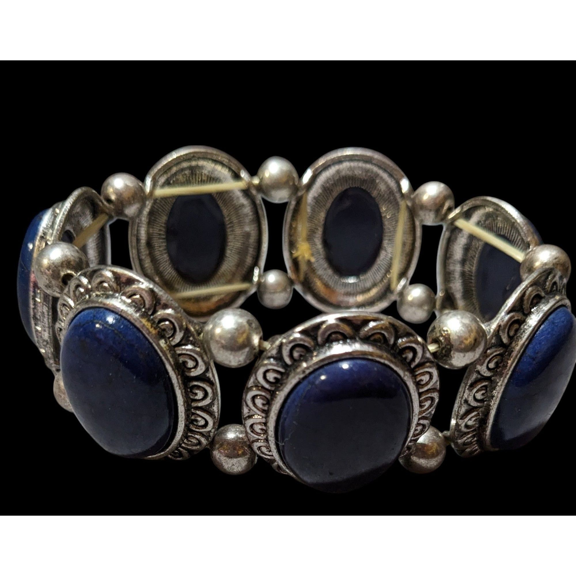 Other Silver Tone And Blue Cabochon Vintage Style Stretch Bracelet Size ONE SIZE - 3 Thumbnail