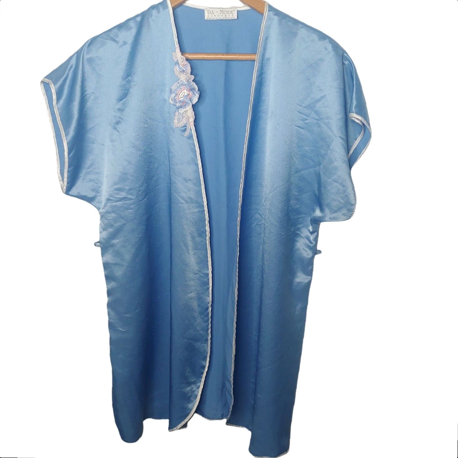 Vintage VINTAGE Val Mode Robe Women Medium Lingerie Floral Satin Blue Lounge Sleepwear Sexy Lounge Wear Satin Robe Womens Size ONE SIZE - 2 Thumbnail