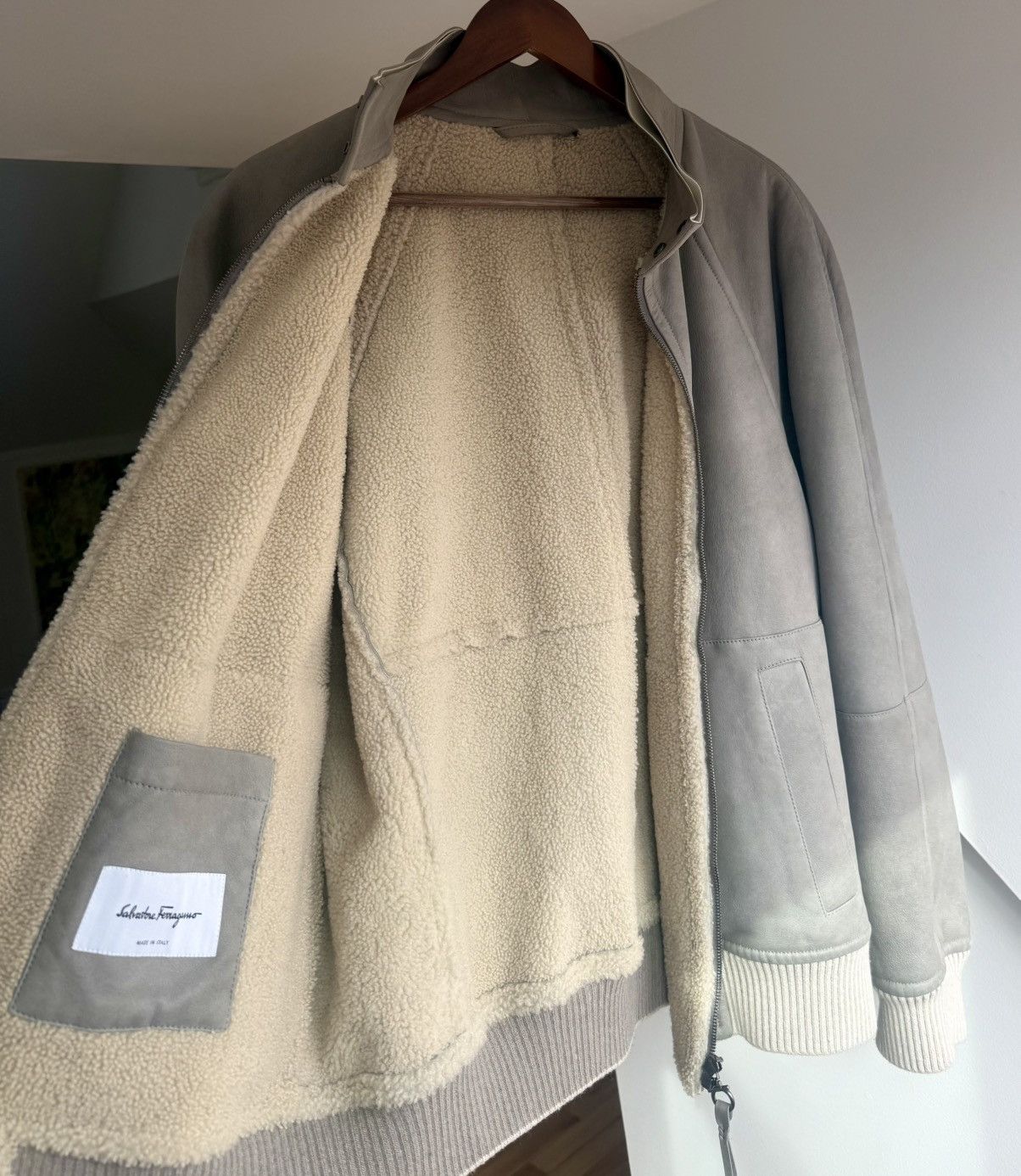 Salvatore Ferragamo Ferragamo Shearling Lamb Leather Bomber Jacket Gray Size US XL / EU 56 / 4 - 8 Thumbnail