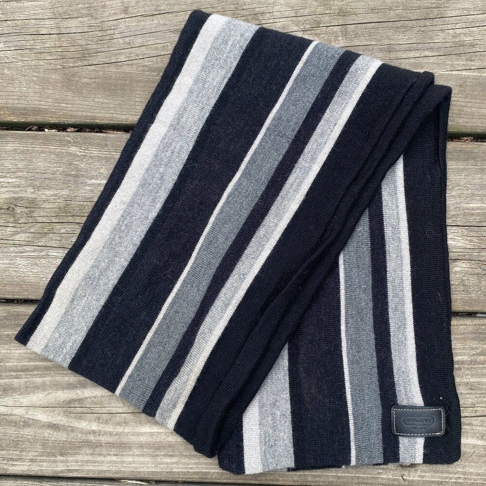 Coach Muffler Wool Coach Scarf Striped Black Gray Size ONE SIZE - 1 Thumbnail