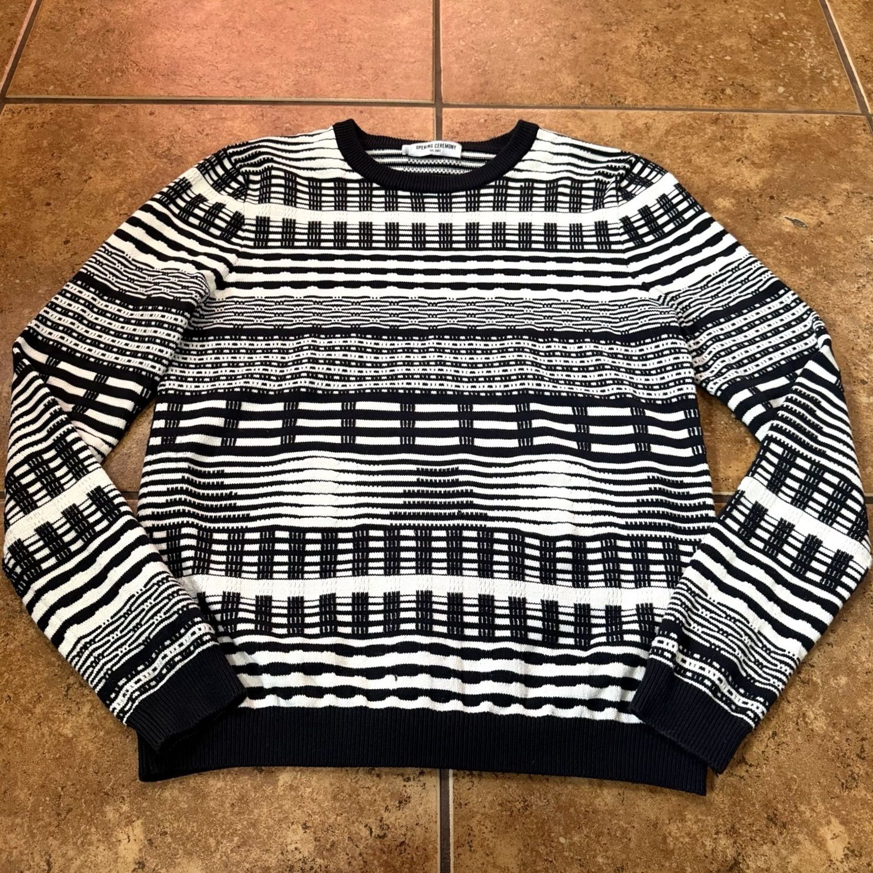 Opening Ceremony OPENING CEREMONY Men's White Striped Knit Sweater Size S Pullover Distressed Black Knit Open Pattern Sweater Mens Size US S / EU 44-46 / 1 - 2 Thumbnail