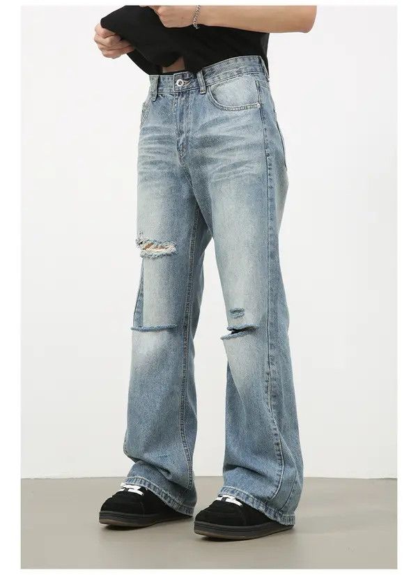 Japanese Brand Ripped washed high street men's loose straight bootcut jeans Size US 32 / EU 48 - 3 Thumbnail