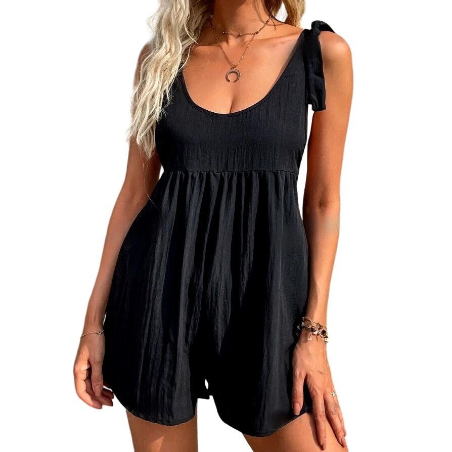 Shein Bow Shoulder Solid Romper in Black, Size S Size 27" / US 4 / IT 40 - 1 Thumbnail