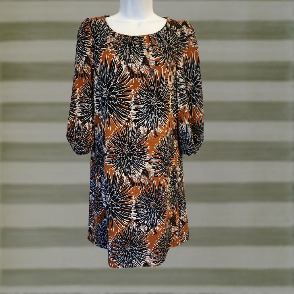 H&M H&M Dress Floral Print Blue Brown Knee Length 3/4 Sleeve Round Neck Pullover Chiffon Polyester Elastane Womens Regular 4 Vintage No Retro Bohemian 90s Size S / US 4 / IT 40 - 1 Thumbnail