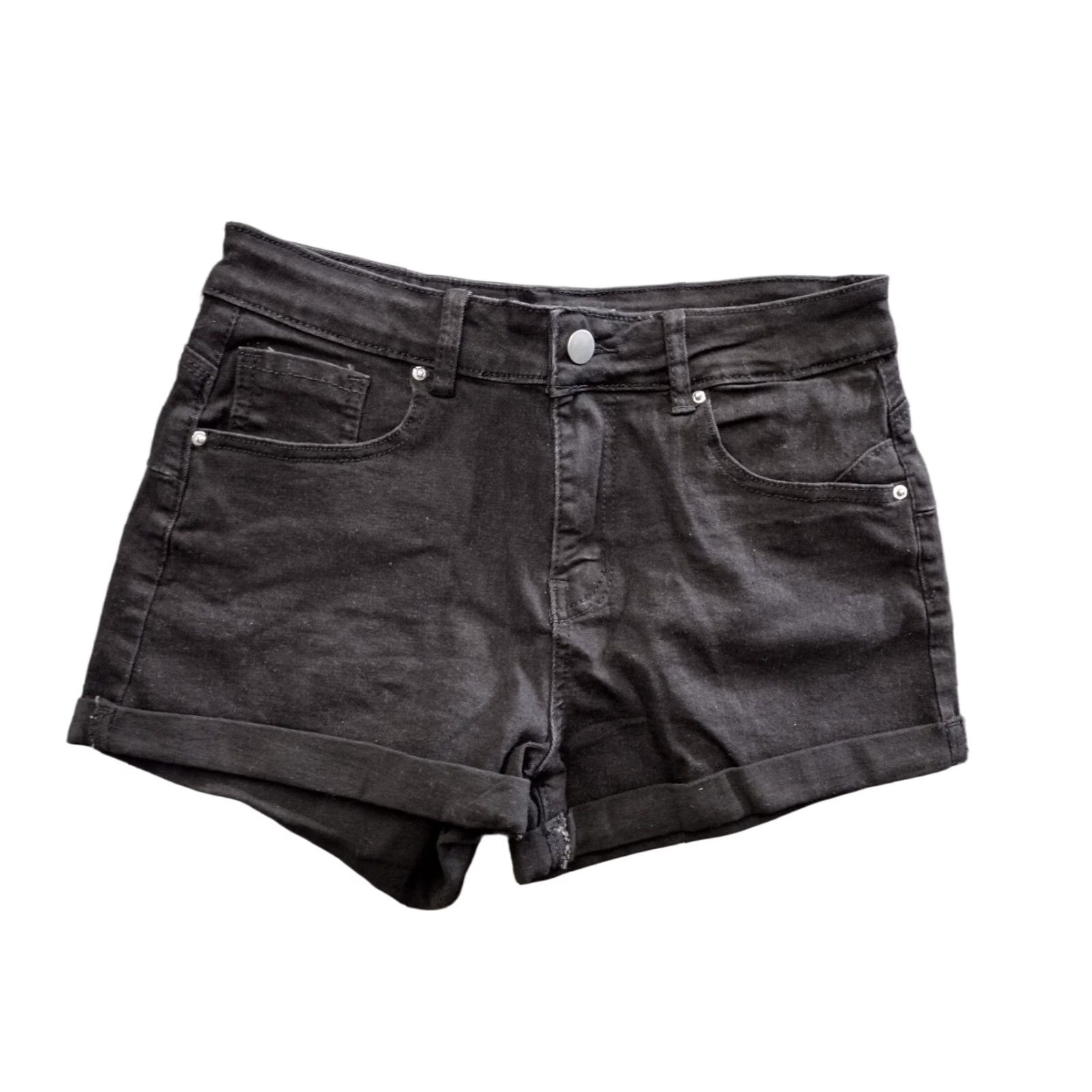 Vintage Women's Mid Rise Stretch Denim Shorts - 2.0 Inseam, Black, M, Cuffed, Flat Front - Casual Denim Shorts, 26" Waist, Regular, Women Size 32" / US 10 / IT 46 - 1 Thumbnail