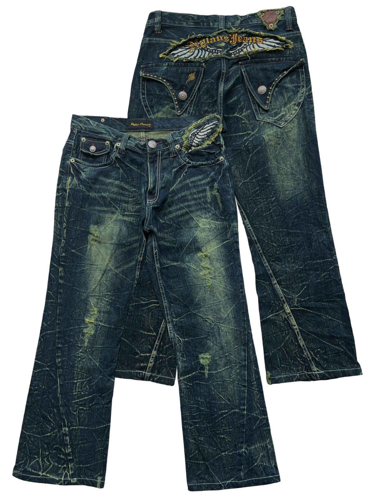 Other 🔥 Rare Nylaus Premium Wings Punk Denim Faded Jeans 33x28 Size US 33 - 1 Thumbnail