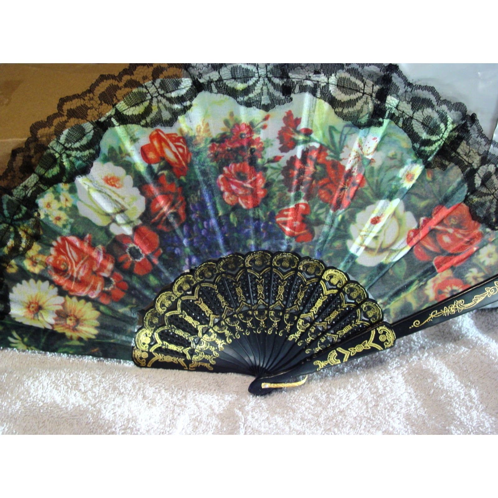 Vintage Vintage Hand Fan with Flower Design Small Cloth Fan 16 Inch Ra-1A Size ONE SIZE - 2 Thumbnail