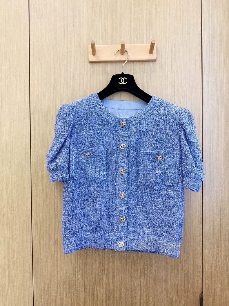 Chanel 24P new women's blue tweed lantern print short-slee