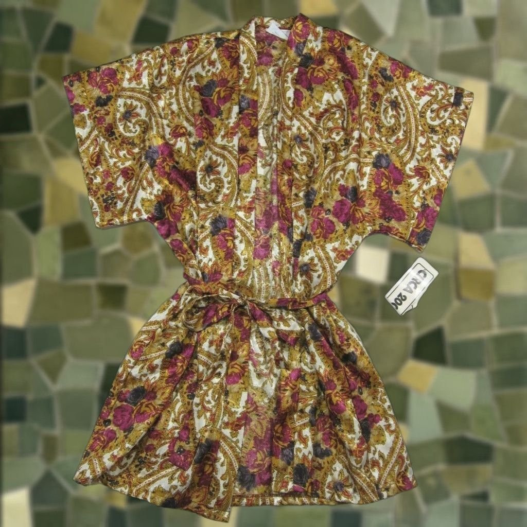 Nordstrom VINTAGE Circa 2000 Nordstrom Purple Gold Floral Satin Tie Short Robe Women Large Size 36" / US 14 / IT 50 - 1 Thumbnail