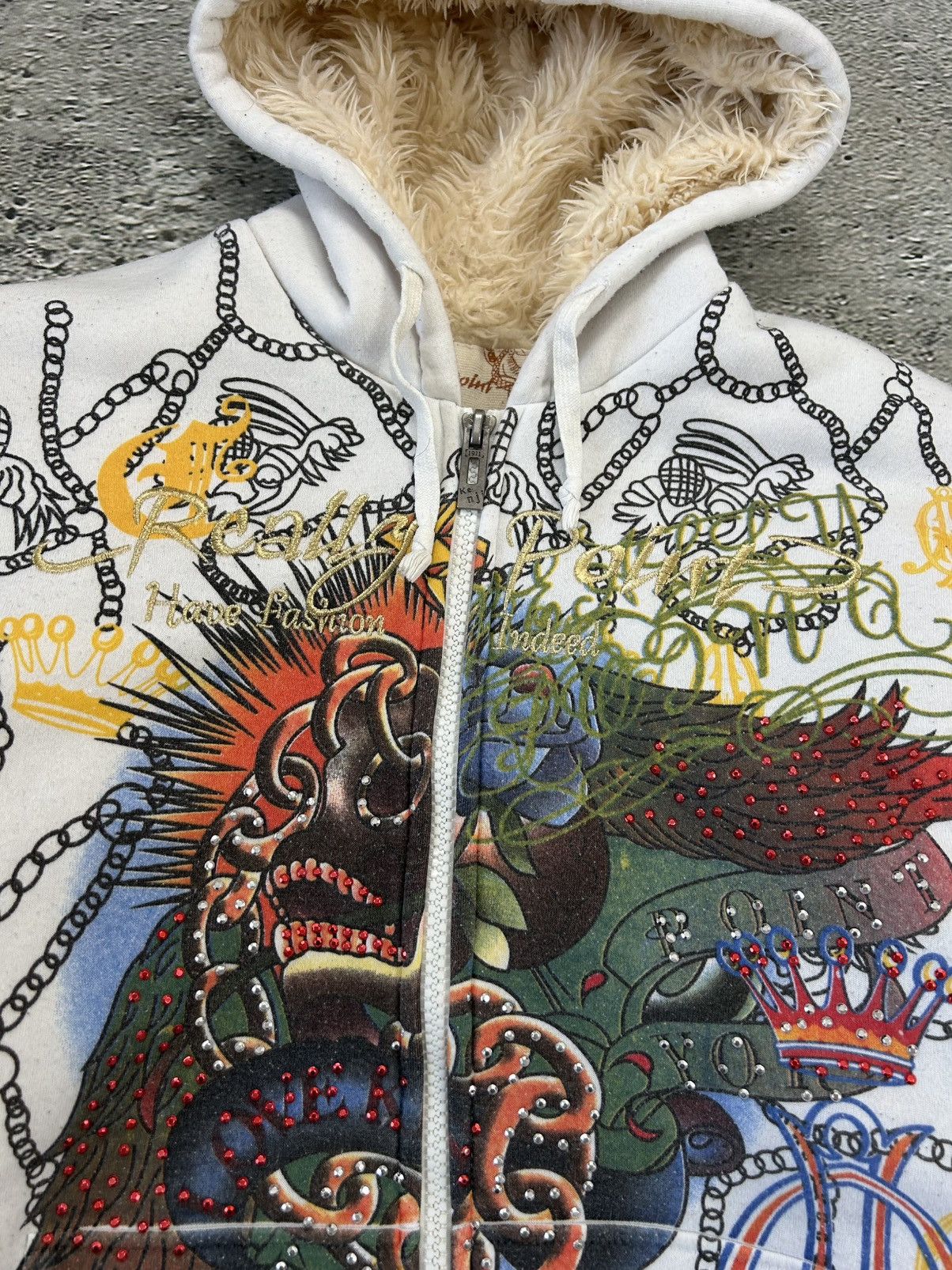 Really Point Y2K vintage zip hoodie white fur Ed Hardy