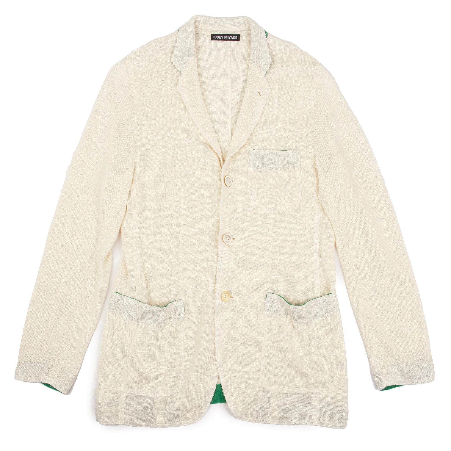 Issey Miyake Linen Acrylic Color-Collared Long Knit Jacket in Cream Green Size US XL / EU 56 / 4 - 1 Thumbnail