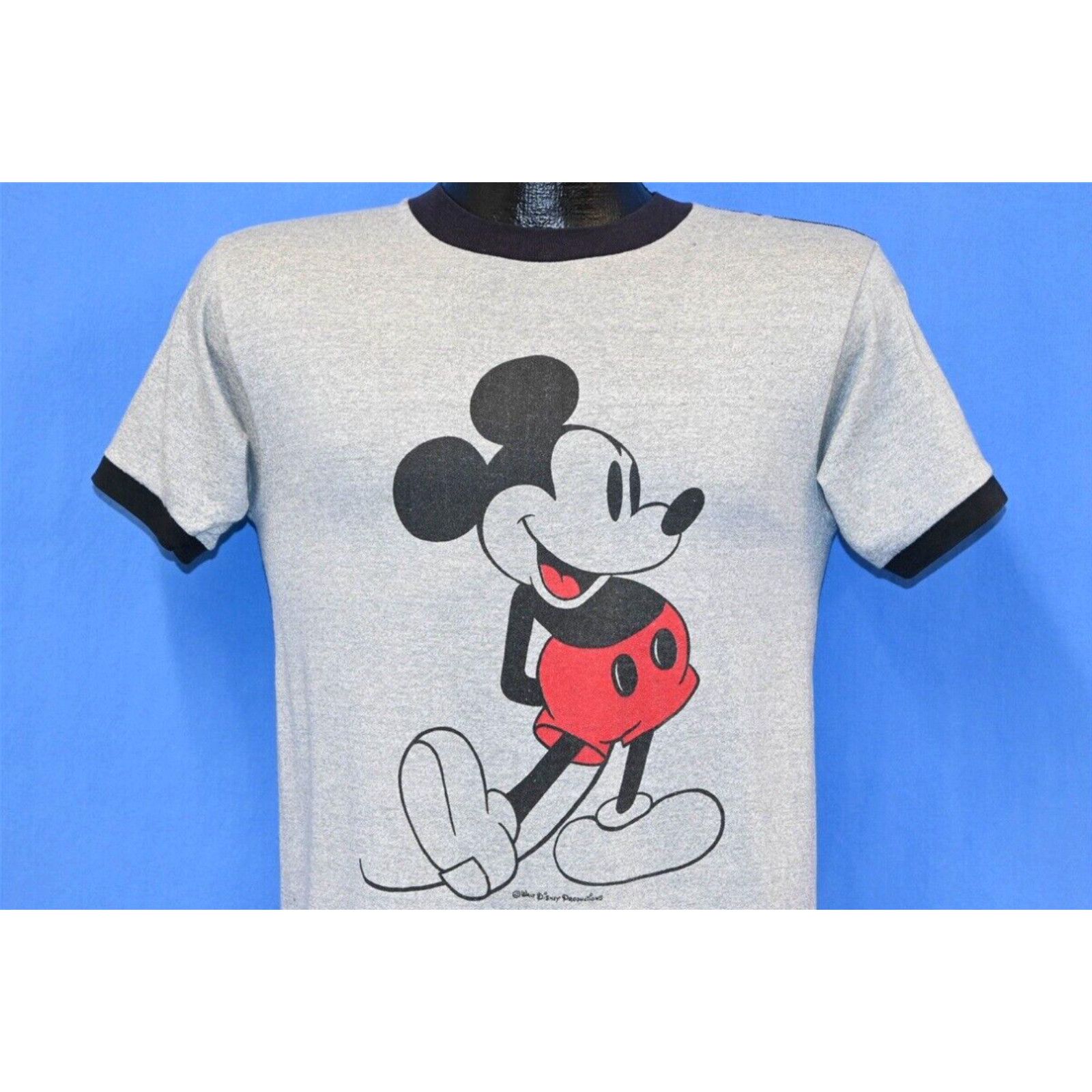 image of Vintage 70's Mickey Mouse Walt Disney Productions Gray Ringer T-Shirt Small S in White, Men's