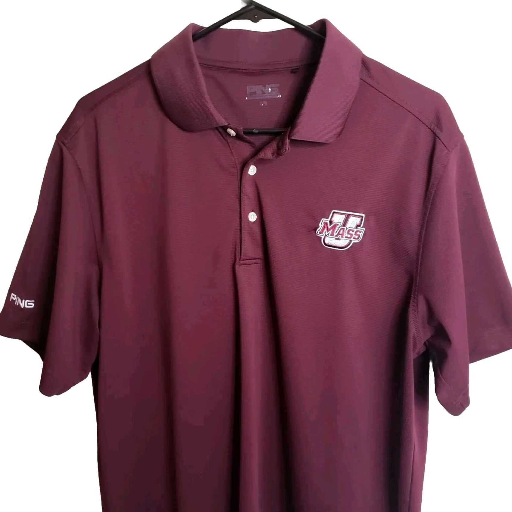 Vintage Ping Sensor Cool Polo Golf Shirt L Men Garnet Maroon U MASS Logo on Chest Short Sleeve Polyester Spandex Breathable Quick Dry Golf Size US L / EU 52-54 / 3 - 2 Thumbnail