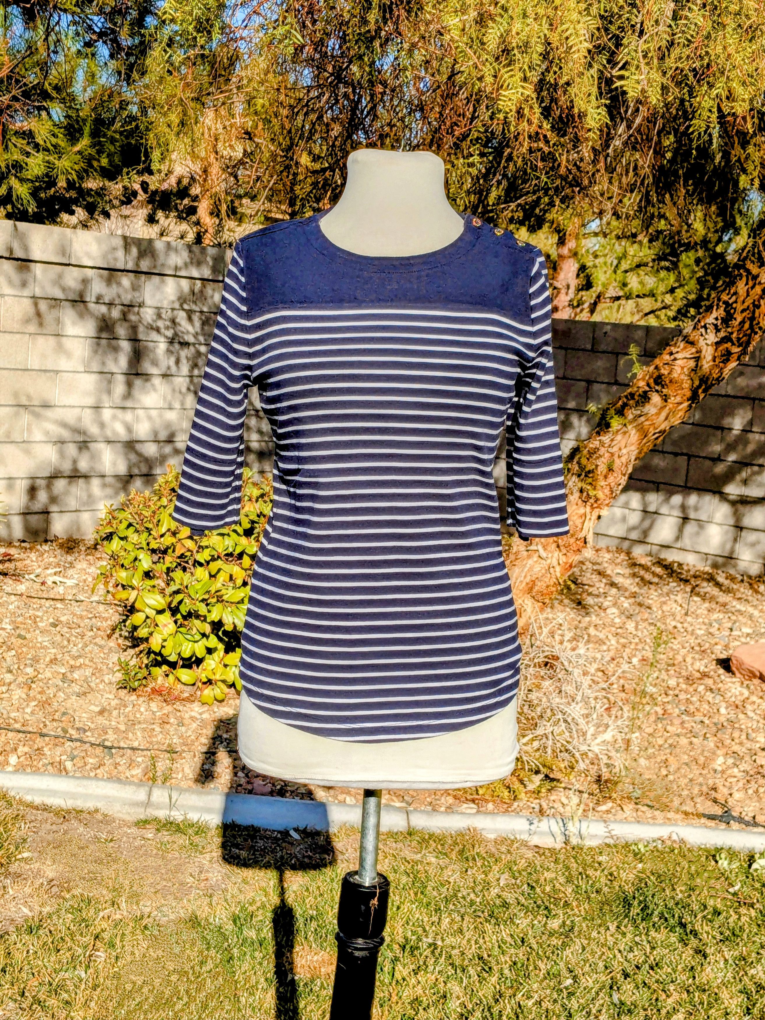 Jones New York JONES NEW YORK Navy Stripe Nautical 3/4 Sleeve Pull Over Top Size L / US 10 / IT 46 - 1 Thumbnail