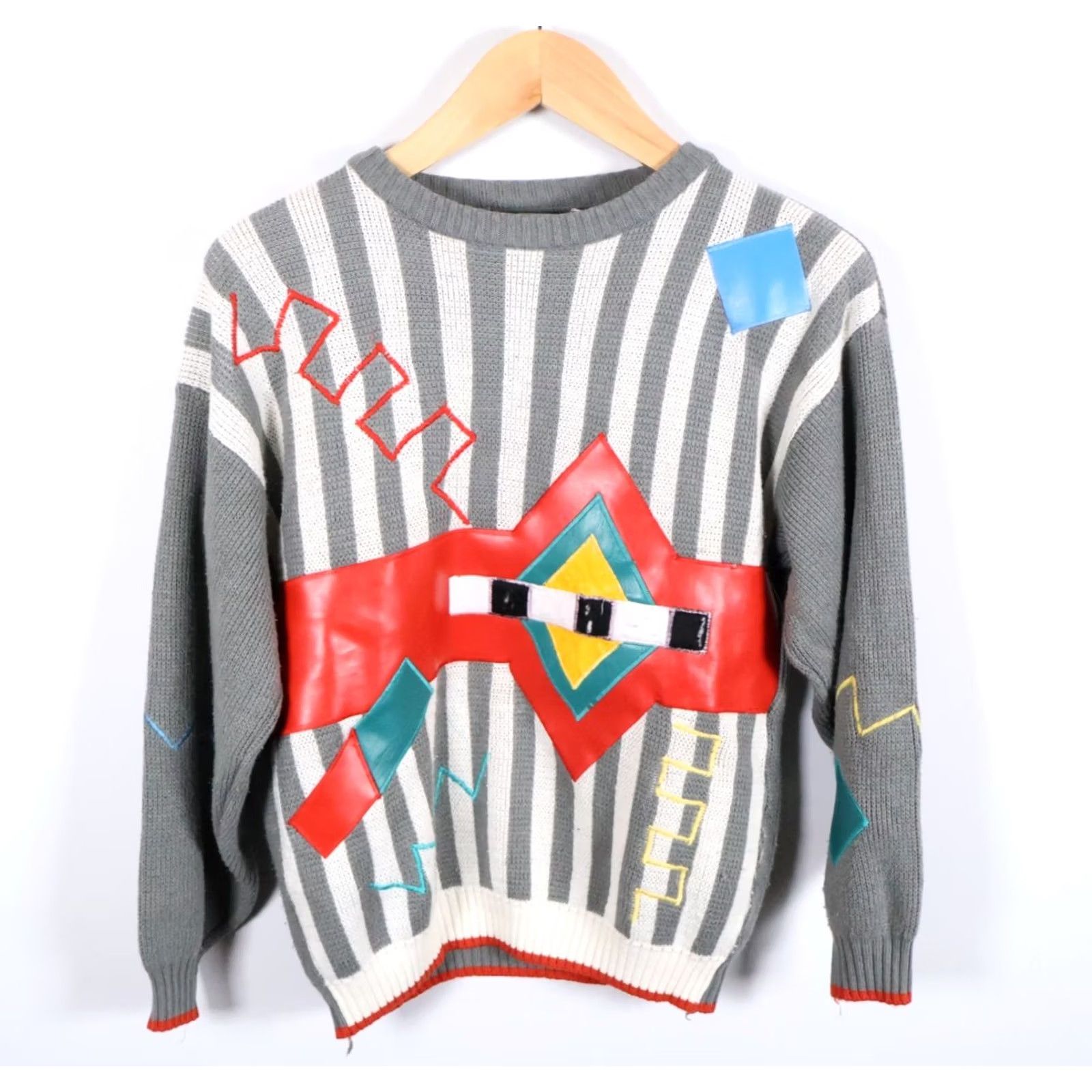 Vintage VINTAGE 80s Abstract Pattern Sweater Women's Small Gray Striped Faux Leather Knit VTG Size S / US 4 / IT 40 - 2 Thumbnail