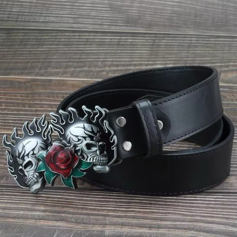 Japanese Brand × Vintage Flame Skull Rose Flower Pattern Buckle Fashion Belt Size ONE SIZE - 1 Thumbnail