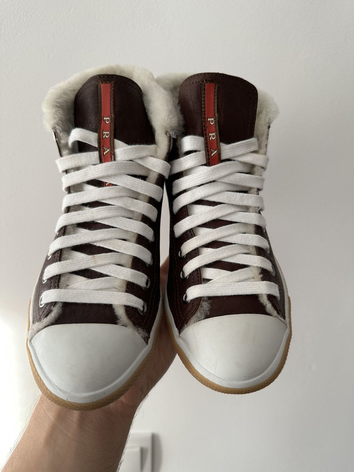 Prada Prada leather high top fur lining warm sneakers shoes Size US 6 / IT 36 - 7 Thumbnail