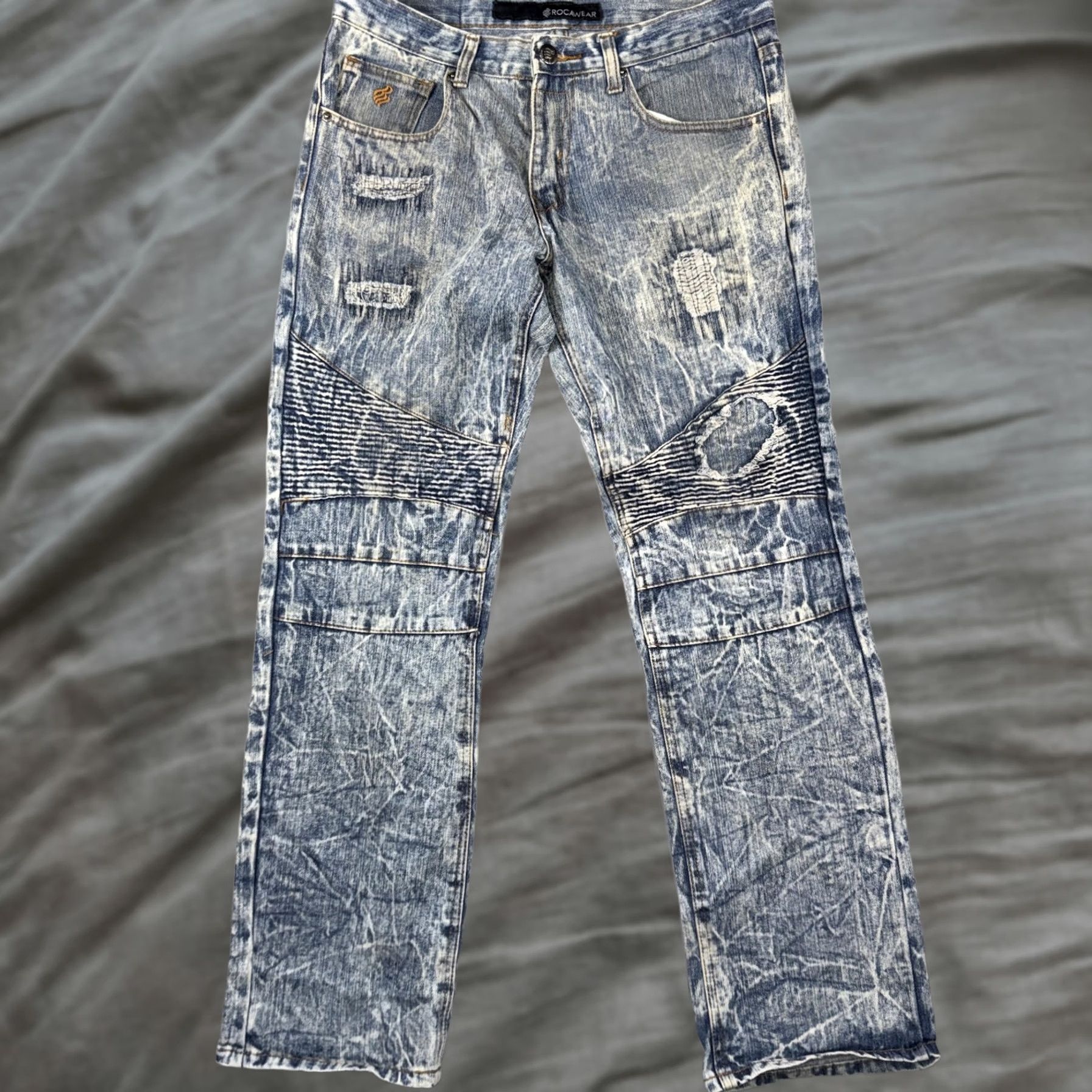 Rocawear Rocawear Jeans Mens 32x32 Blue Acid Wash Moto Distressed Straight Denim Pants Size US 32 / EU 48 - 1 Thumbnail