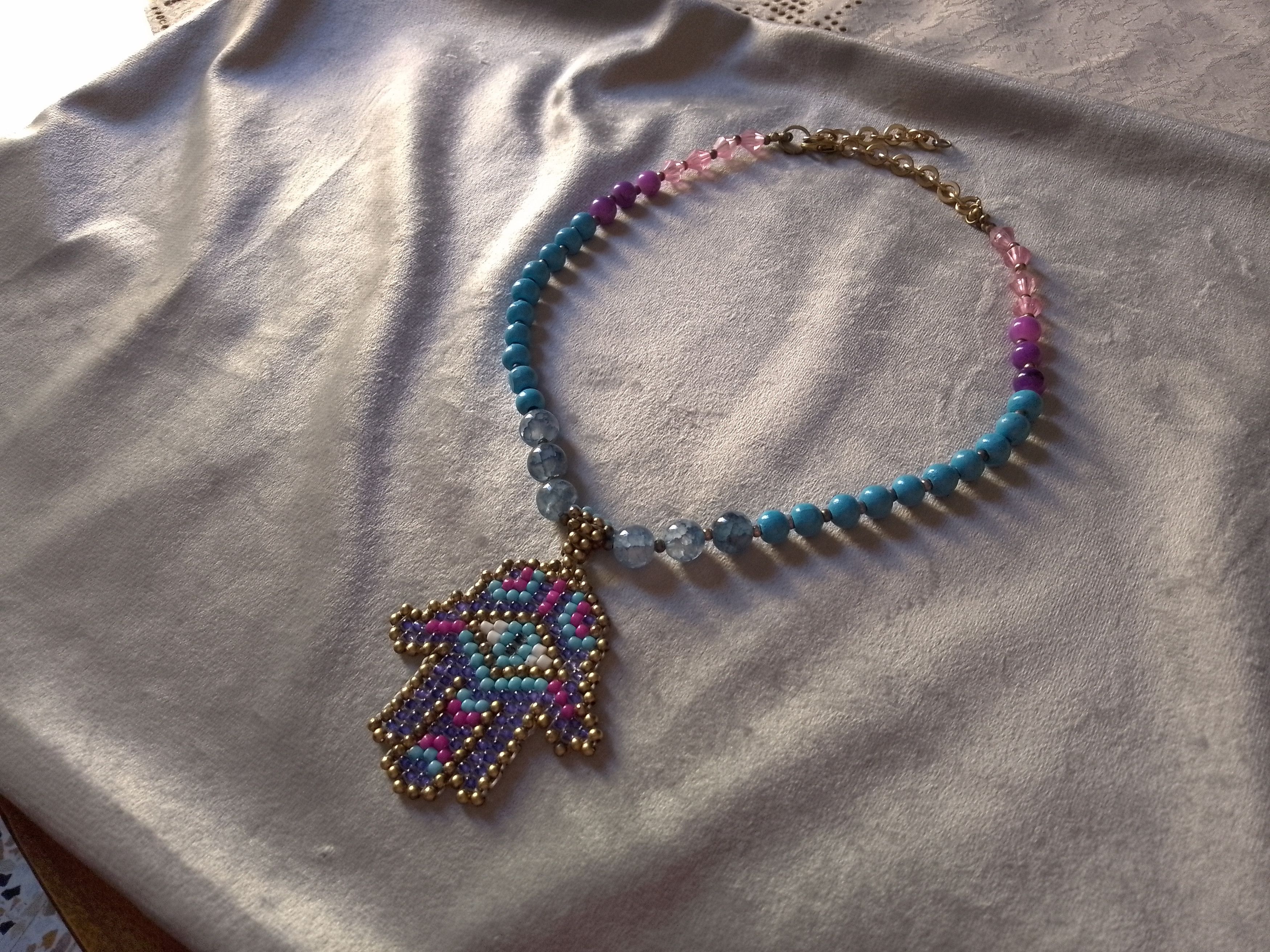 Handmade Necklace Blue Agate + Resin Hand of Fatima Lucky Charm Size ONE SIZE - 4 Thumbnail