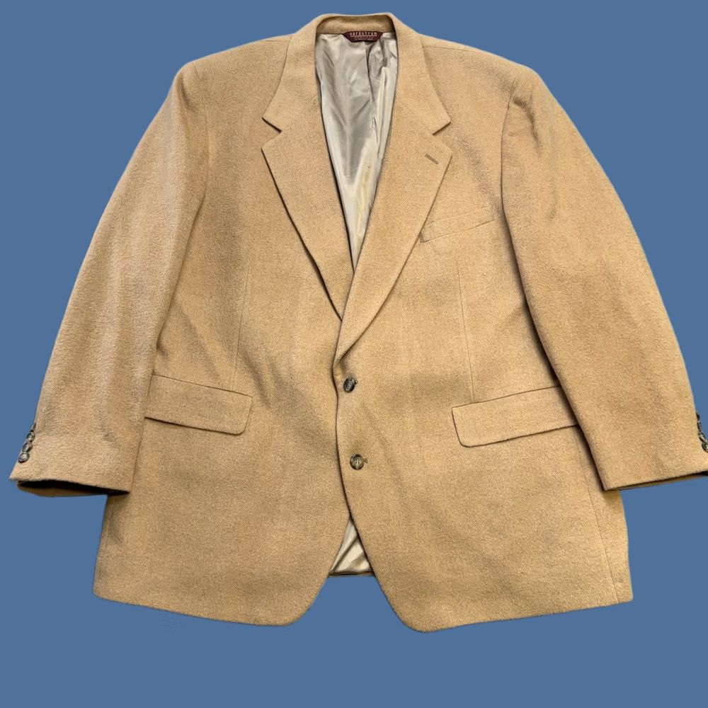 Nordstrom VINTAGE Nordstrom Blazer Jacket Men 50L Beige Camel Wool Cotton Solid Notch 2-Button Single-Breasted Old Money Academia"} Size 50R - 1 Thumbnail