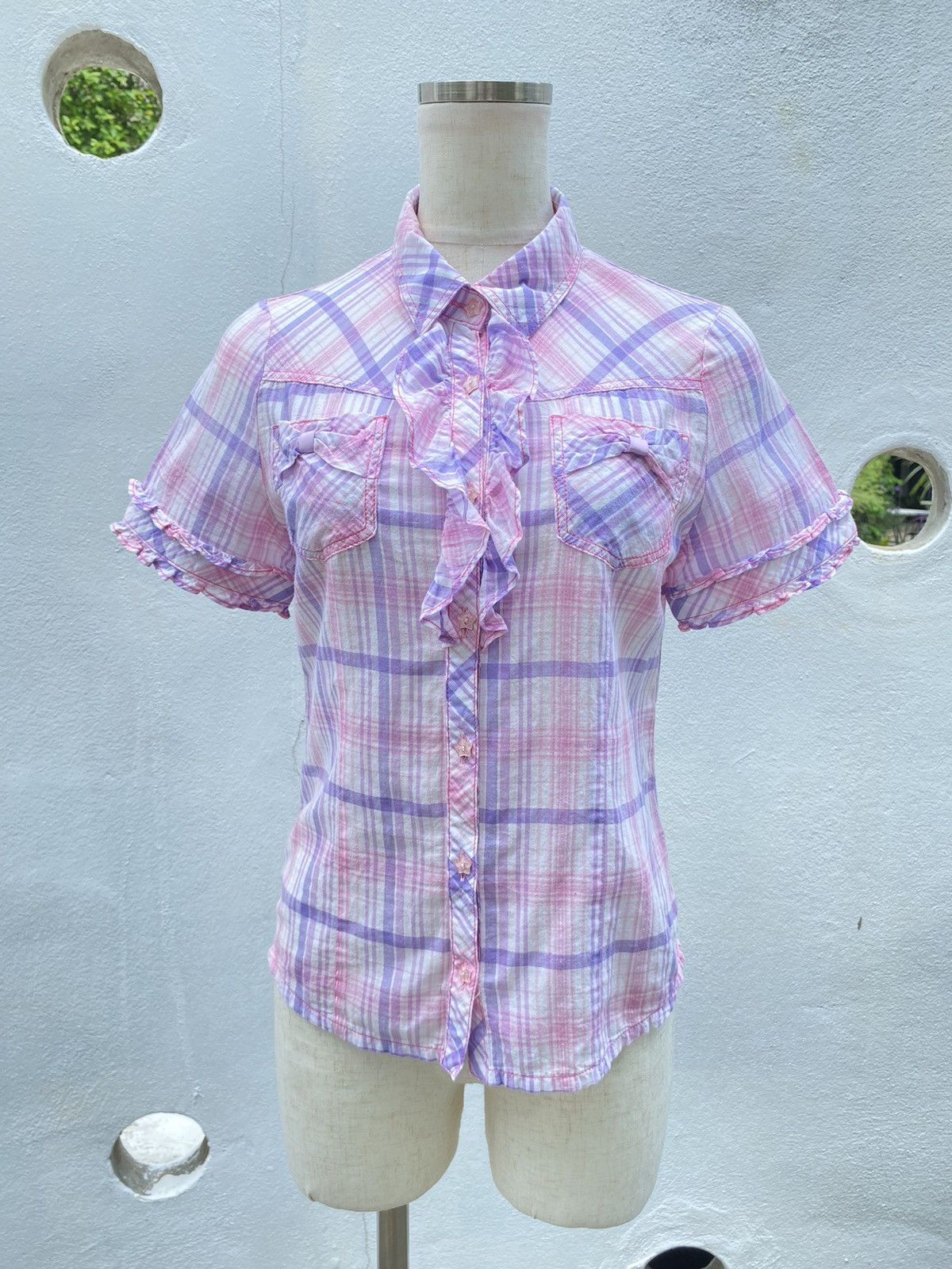 Designer × Japanese Brand Mezzo Piano Y2K Pink & Purple Plaid Ruffle Shirt Size ONE SIZE - 14 Thumbnail