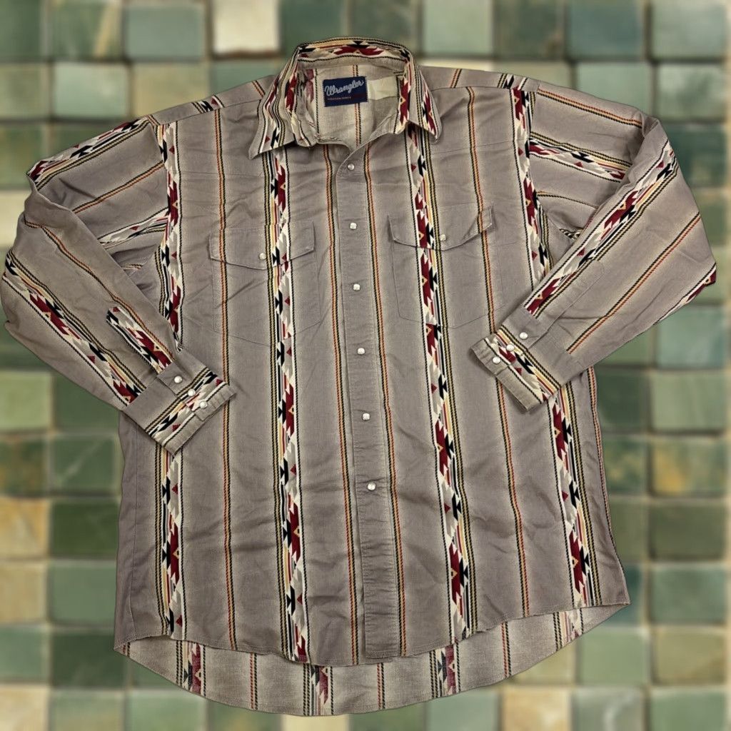 Wrangler VINTAGE Wrangler Western Aztec Geometric Pearl Snap Button Cowboy Mens Large Size US L / EU 52-54 / 3 - 1 Thumbnail