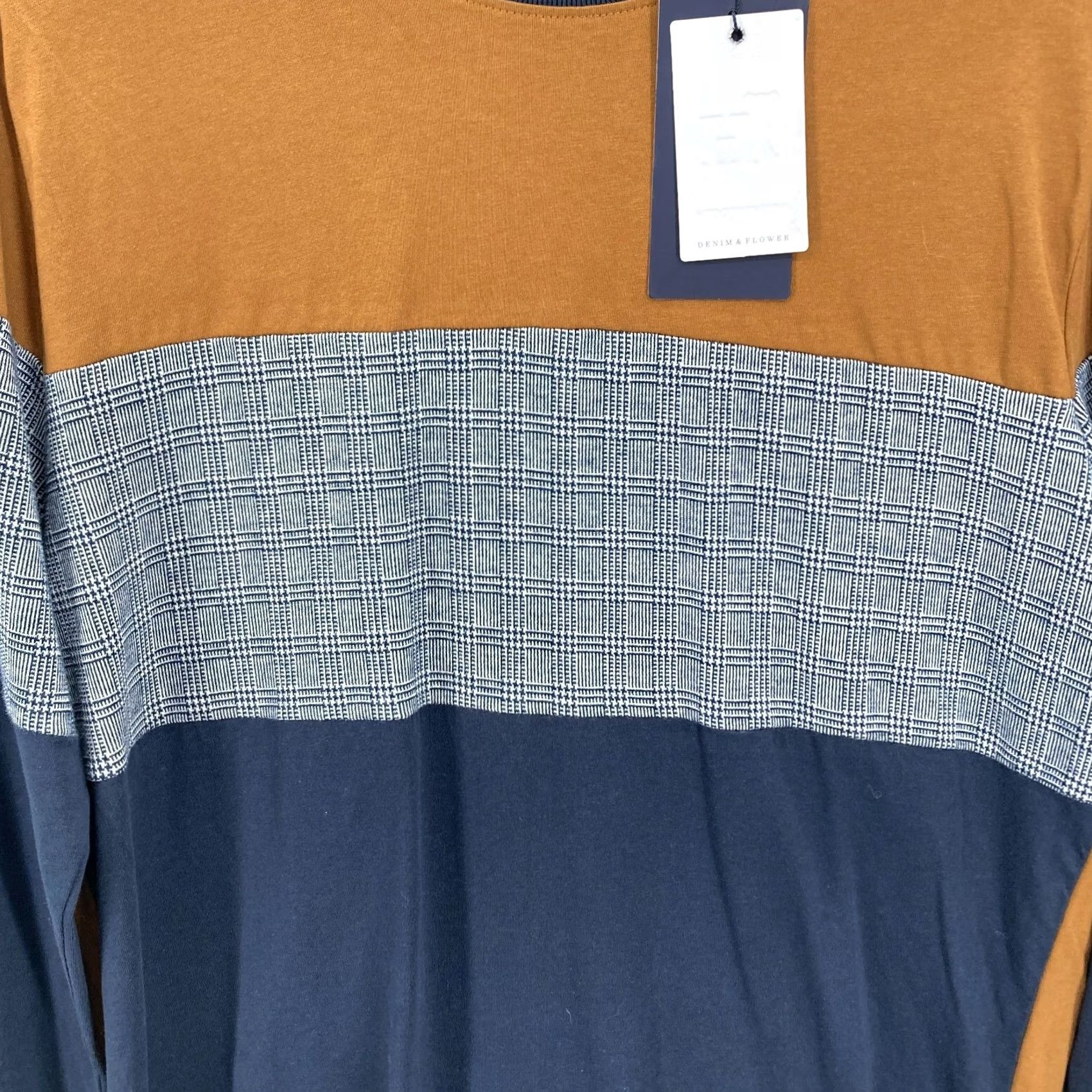 Denime Denim & Flower Ricky Singh Panelled Houndstooth T-Shirt Mens Color Block Medium Brown Cotton Knit Long Sleeve Crew Neck Casual Shirt Size US M / EU 48-50 / 2 - 2 Thumbnail