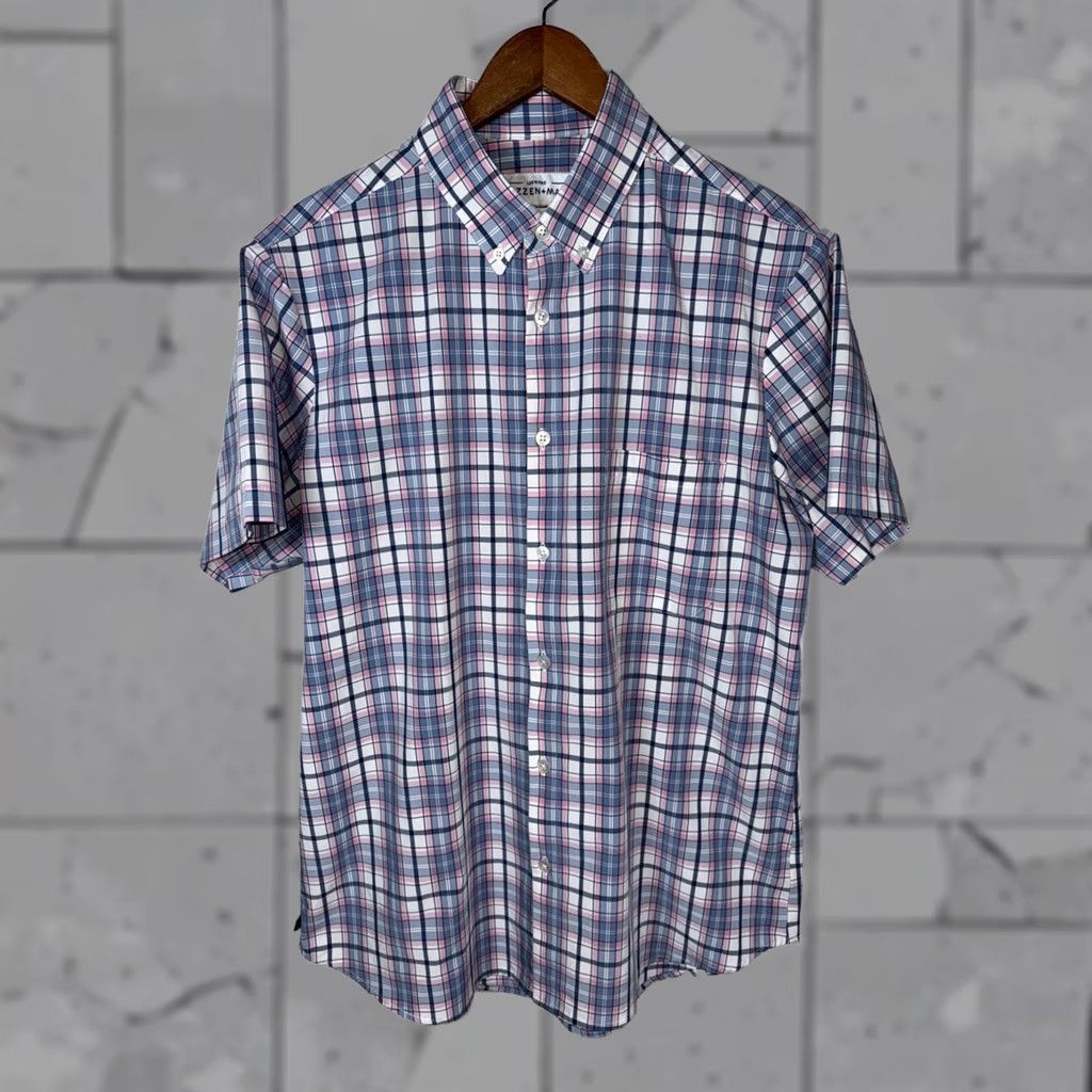 Mizzen+Main Mizzen+Main Button-Up Shirt Leeward Blue Pink Multicolor Plaid Slim Fit L Mens Short Sleeve Collared Button-Down Pocketed Performance Travel Easy Care Size US L / EU 52-54 / 3 - 1 Thumbnail