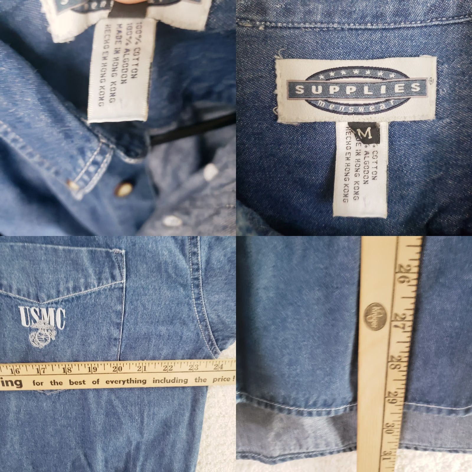 Denime Supplies Menswear Mens Denim Button-Up Shirt Blue with USMC Marines Logo Pocket Long Sleeve Collared Button-Up Regular Fit M Boys Mens Girls? Size US 31 - 9 Thumbnail