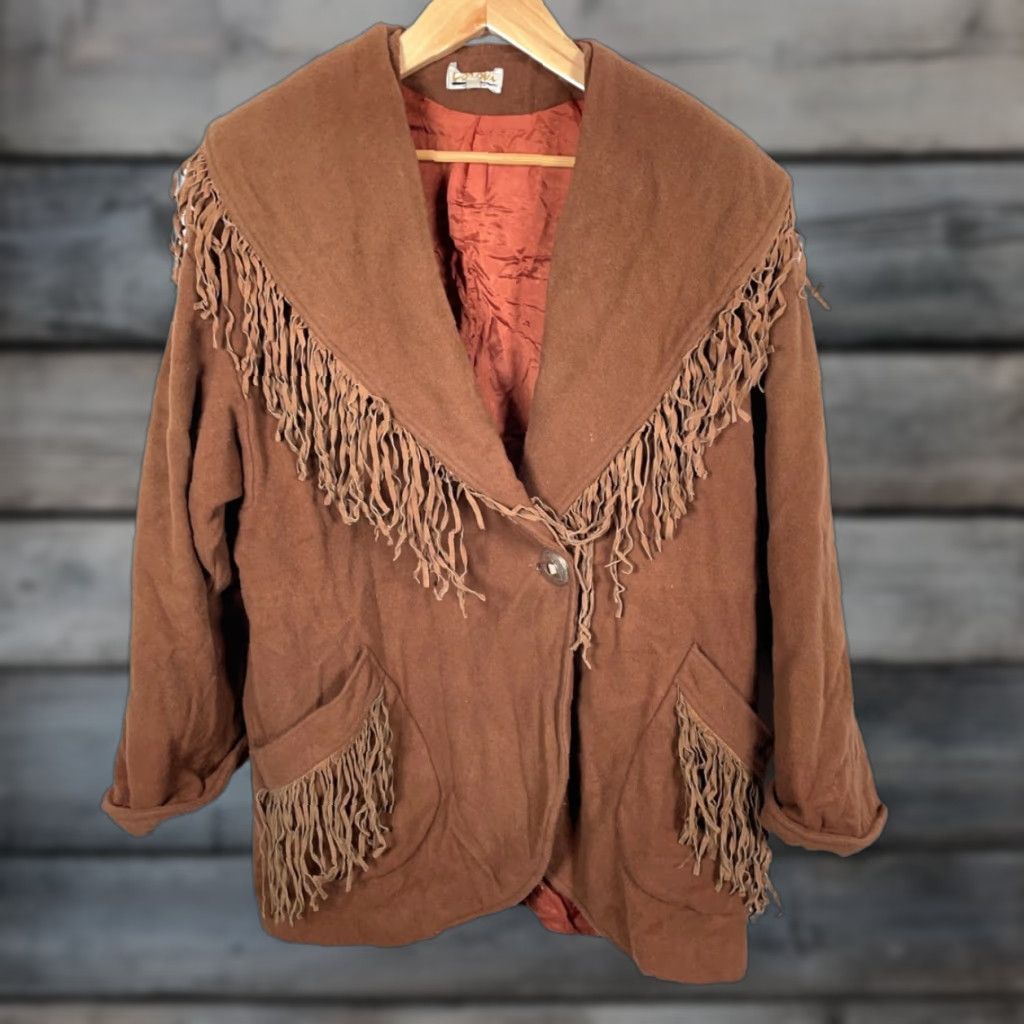 Lorovi Brown Wool Fringe Jacket Women\'s Large 1-Button Western Boho Retro