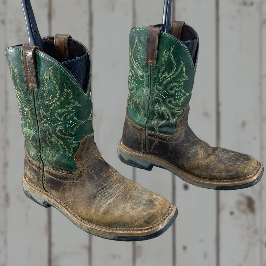Justin Boots Justin Mens 9 D Waterproof Boots Work Cowboy Leather Square Toe Brown Green Boots Mens Size US 9 / EU 42 - 1 Thumbnail